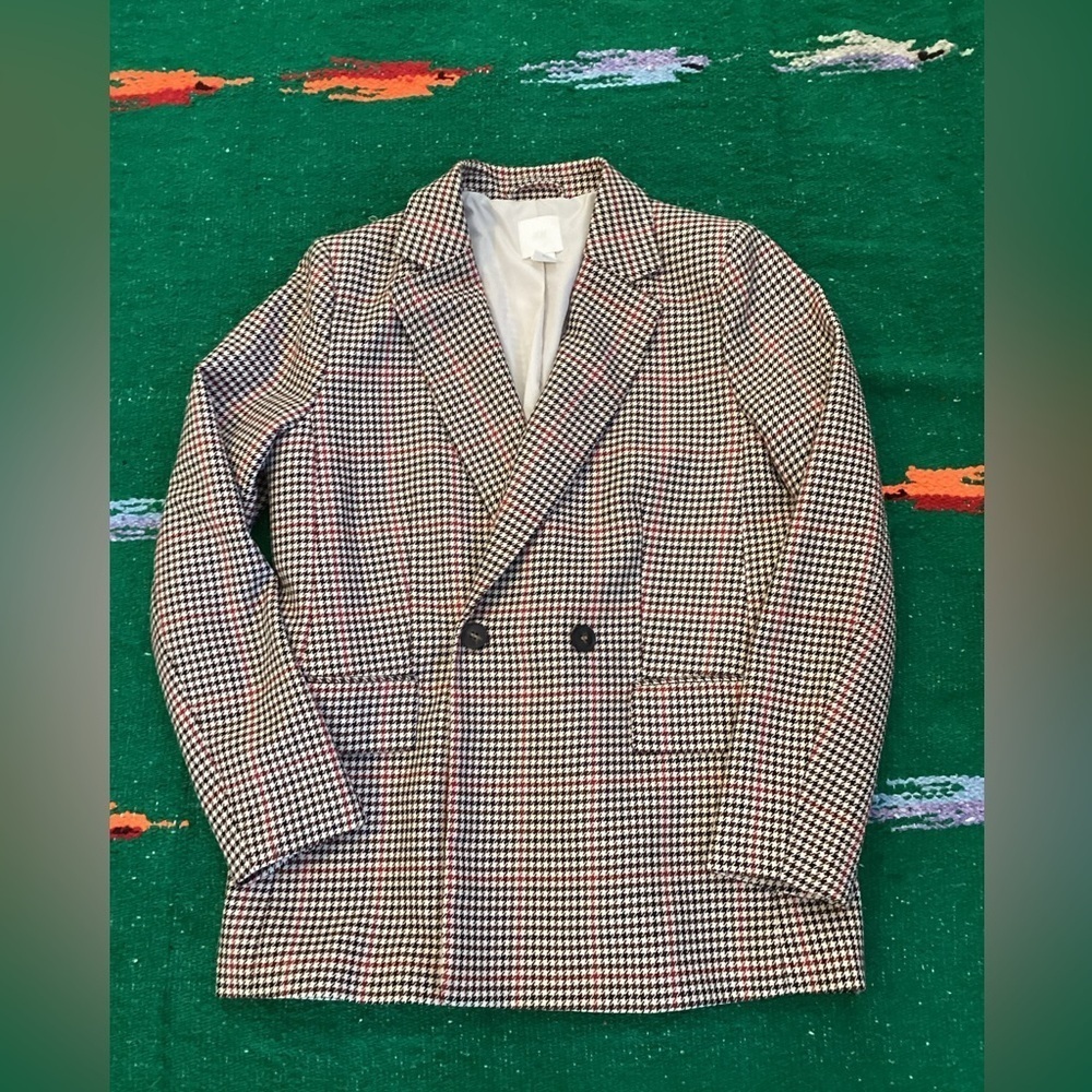 H&M Blazer Womens 10 Black Offwhite Houndstooth Pockets Double Button